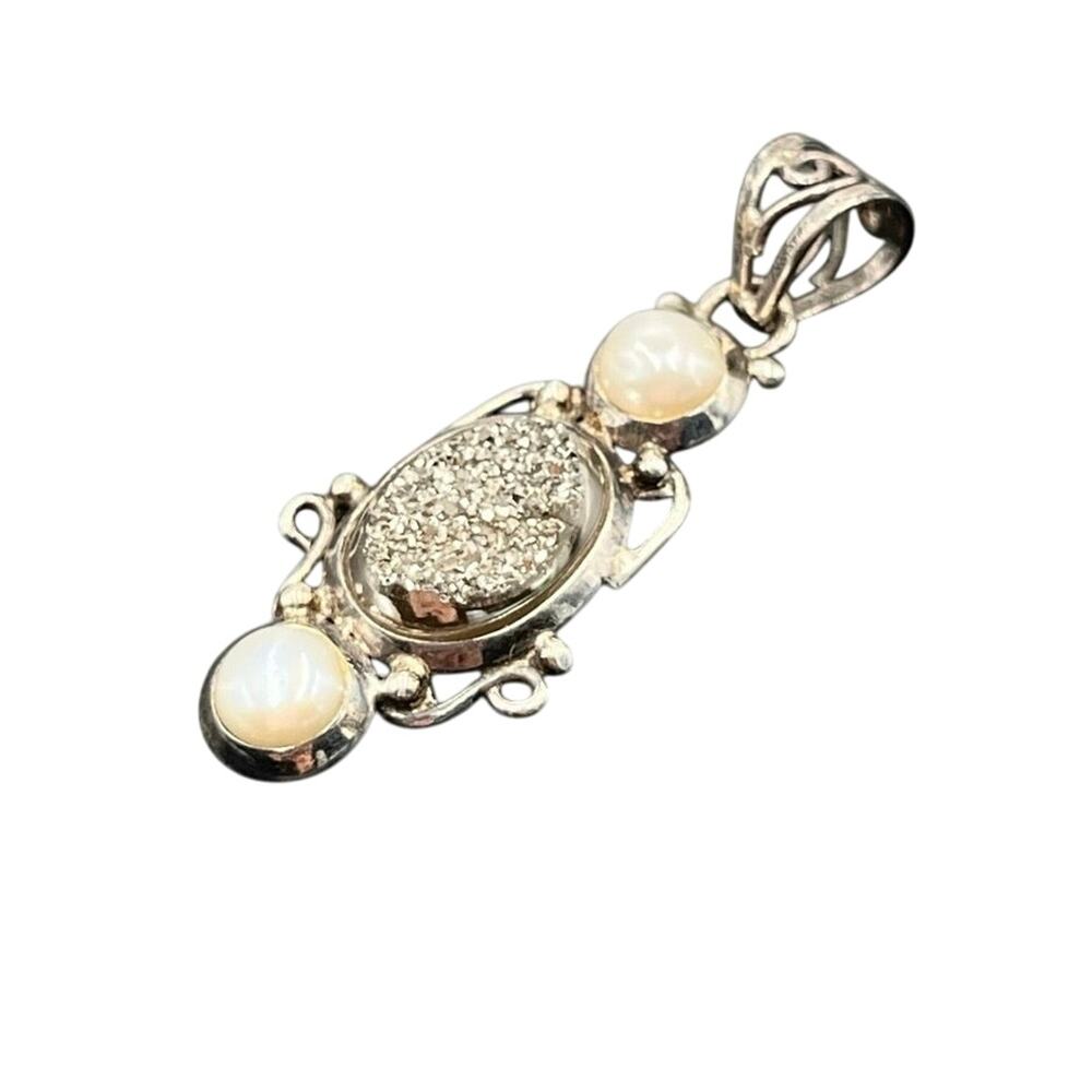 White Freshwater Pearls Silver Drusy Druzy Sterling Patience Tranquility Pendant